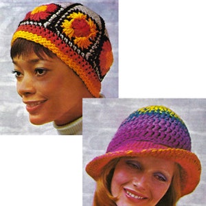 70s Granny Square Bucket Hats, 2 Pattern Set, Vintage 1970s Crochet Pattern