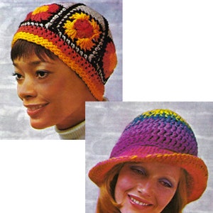 70s Granny Square Bucket Hats, 2 Pattern Set, Vintage 1970s Crochet