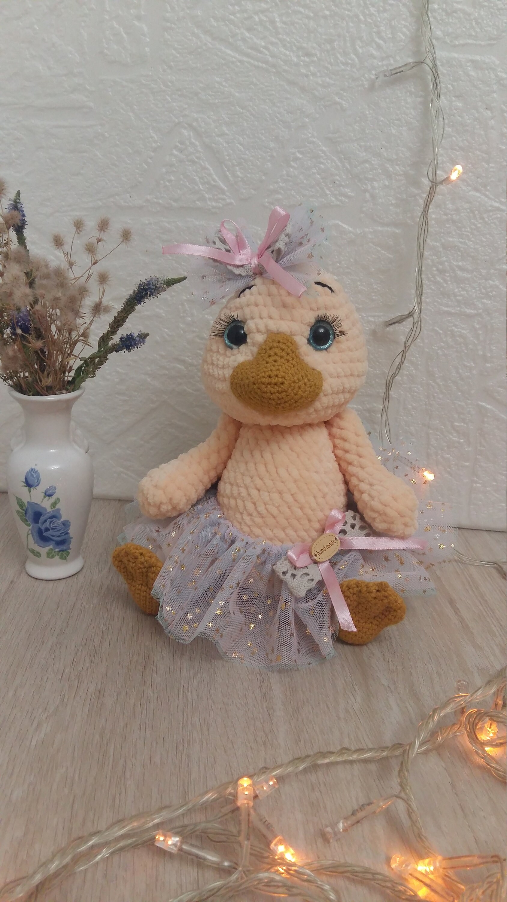 Handmade Crochet Duck Toy in Green Jumpsuit and Hat