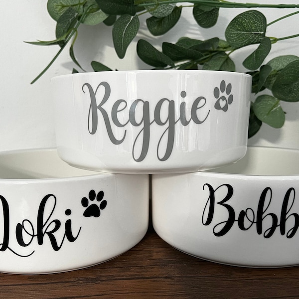 Personalised Pet Feeding Bowl - Large Bowl for Dogs - Calligraphy Style - Mrs Hinch Inspired - Large Sized White Pink Grey Blue