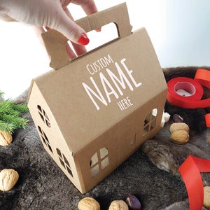 Christmas box with custom name, House shaped gift box, brown craft , Cardboard house Christmas box, Birthday Gift Box, Wholesale