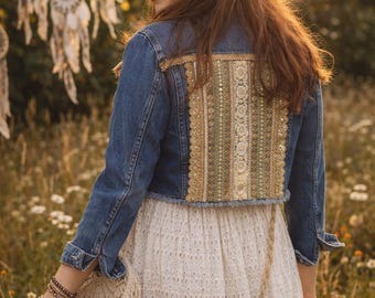 Hippie jacket, festival jacket, denim jacket, handmade in Germany, Fritza, bohemian style, festival outfit, unique piece, upcycled jacket, size XS