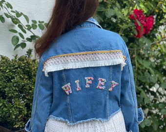 Boho jacket, hippie jacket, festival jacket, denim jacket, handmade from Germany, wifey, bohemian style, festival outfit, unique, upcycling jacket