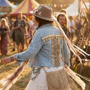 Chaqueta bohemia, chaqueta hippie, chaqueta para festivales, chaqueta vaquera, hecha a mano en Alemania, Amara, estilo bohemio, atuendo para festivales, pieza única, chaqueta reciclada
