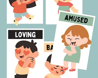 May include: A colorful illustration featuring cartoon children expressing emotions. The words "EXCITED", "HAPPY", "AMUSED", and "LOVING" are displayed above each child. Each child is depicted with different poses and expressions.