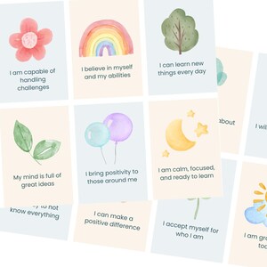 May include: A collection of watercolor affirmation cards with various illustrations, including a sun, flower, rainbow, tree, heart, leaves, balloons, moon, and sun with clouds. Each card features a positive affirmation in a handwritten font.