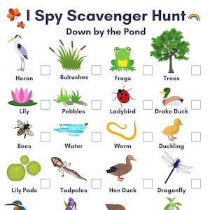 Búsqueda del tesoro de I Spy Pond Life para imprimir en casa. Hoja de actividades descargable en formato PDF. Hoja de trabajo sobre la naturaleza. Juego y aprendizaje al aire libre. Búsqueda de bichos en miniatura