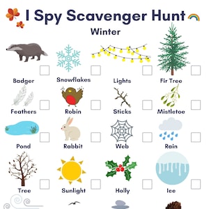 Puede incluir: Un juego de "Veo, veo" con temática invernal. La imagen muestra ilustraciones de un tejón, copos de nieve, luces, un abeto, plumas, un petirrojo, palos, muérdago, un estanque, un conejo, una telaraña, lluvia, un árbol, luz solar, acebo y hielo.