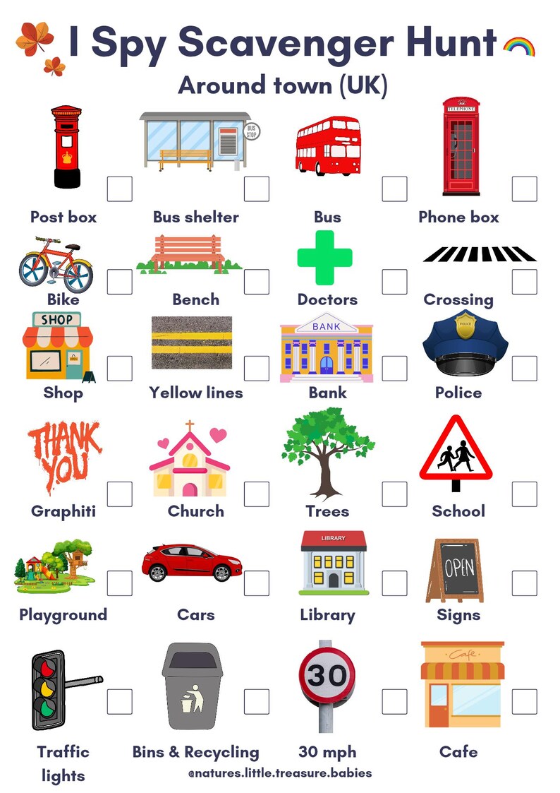 Around Town UK I Spy Scavenger Hunt PDF Downloadable Activity Sheet Around Town UK I Spy Scavenger Hunt PDF Downloadable Activity Sheet