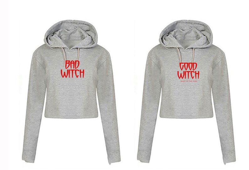 Funny Ladies Couple Matching Crop Tops Crop-Tops Hoodie Hoody Hood BFF Bad Witch Good Witch Halloween Friend Top Gift for Friends Womens