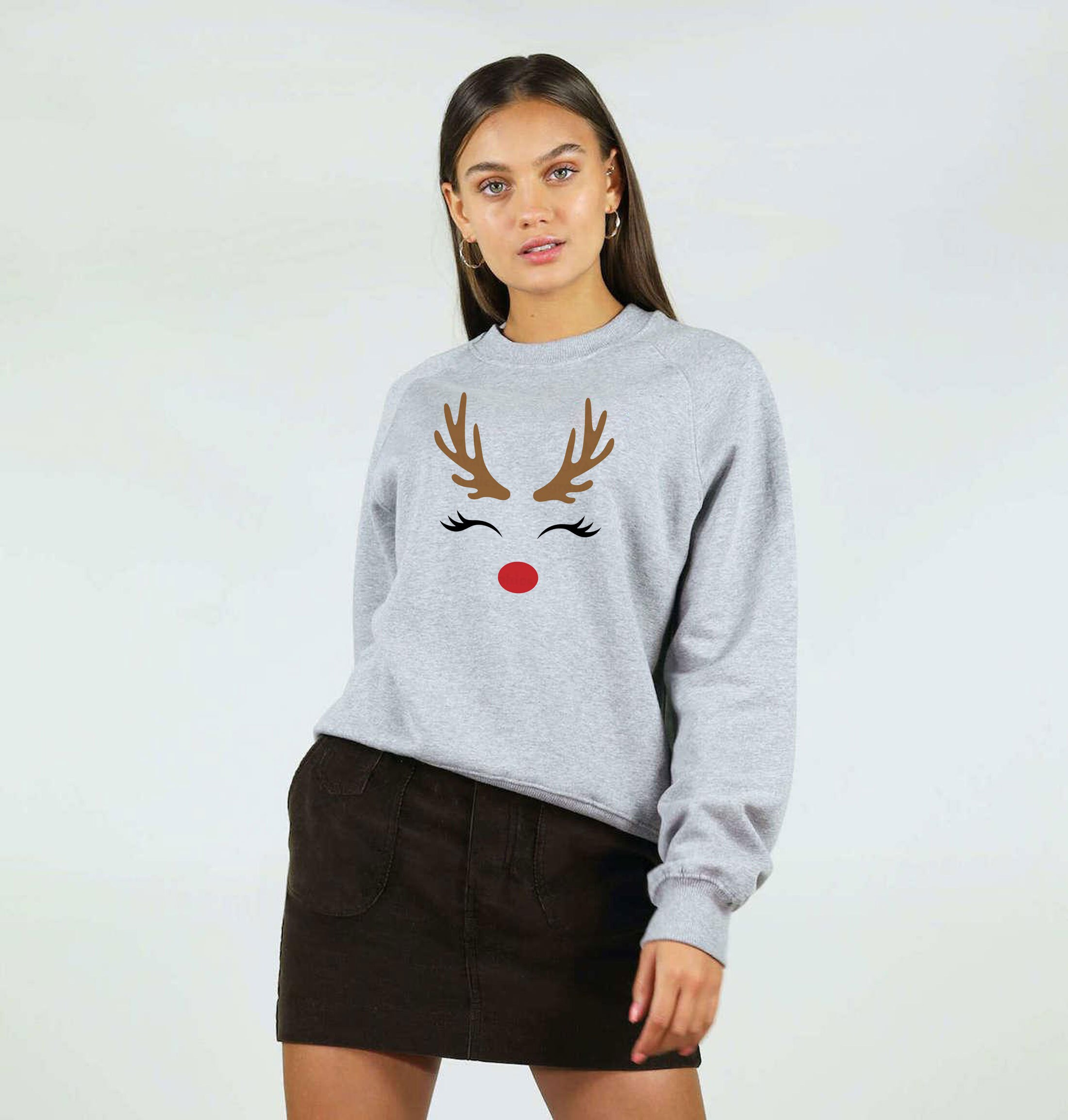 apparelsqualityserv Reindeer Christmas Sweatshirt Jumper Sweater Shirt Cute Gift Xmas Present Womens Ladies Unisex Top Deer Horns Idea