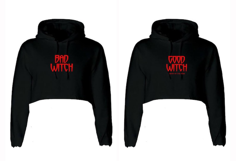 Funny Ladies Couple Matching Crop Tops Crop-Tops Hoodie Hoody Hood BFF Bad Witch Good Witch Halloween Friend Top Gift for Friends Womens