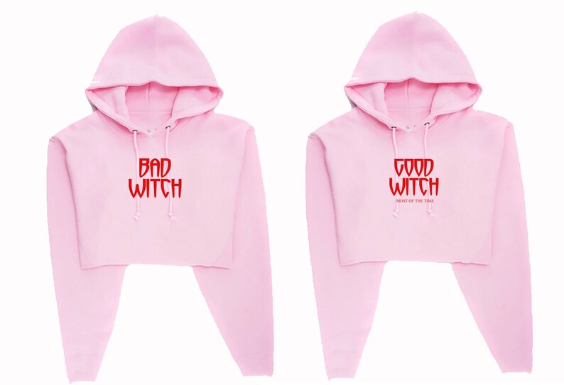 Funny Ladies Couple Matching Crop Tops Crop-Tops Hoodie Hoody Hood BFF Bad Witch Good Witch Halloween Friend Top Gift for Friends Womens