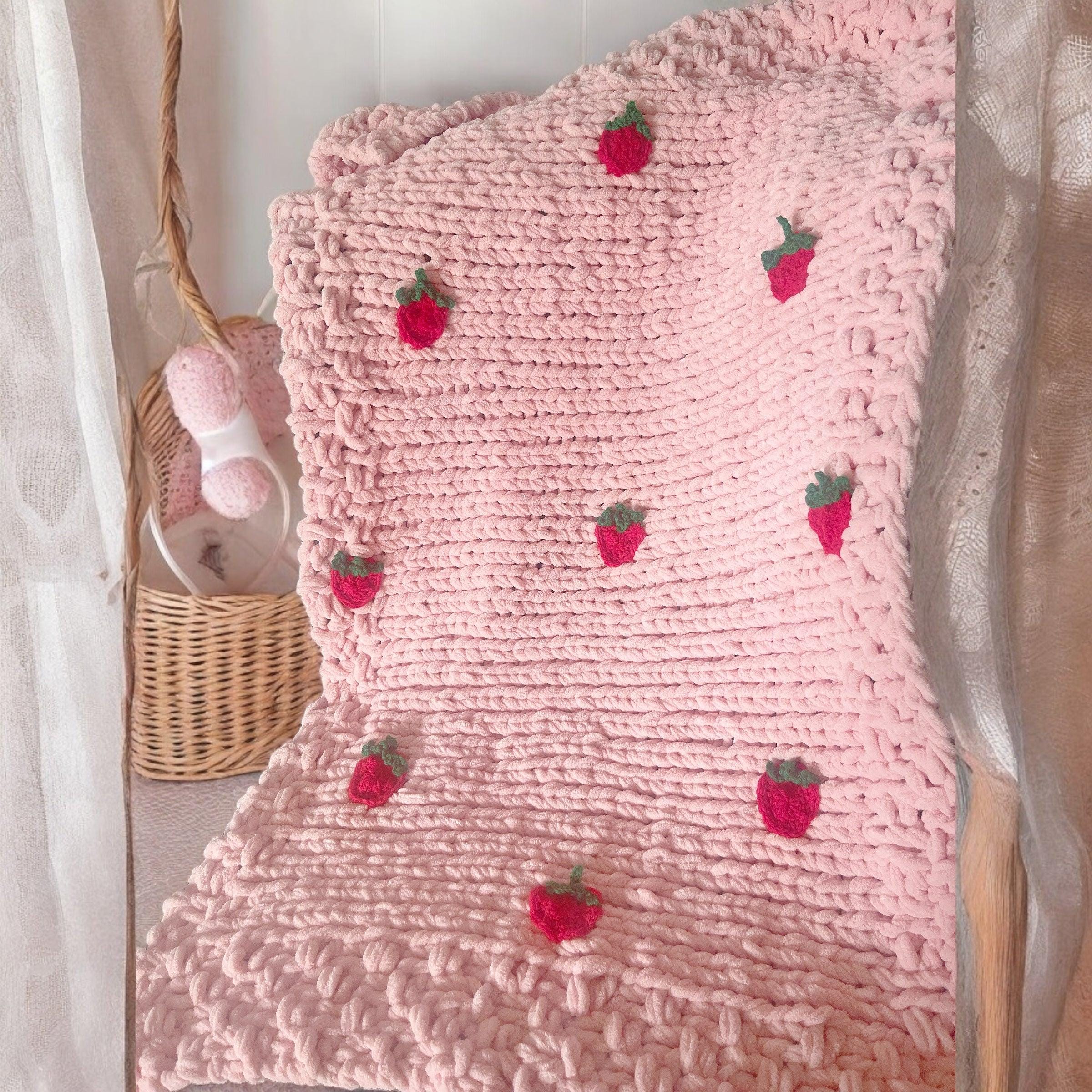 Dusky Pink Toddler Blanket with Crocheted Strawberry Appliqués | Handmade Chenille Toddler Gift, Soft & Cosy