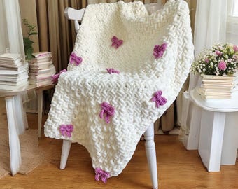 Vintage Cream Chenille Toddler Blanket with Crocheted Bows | Soft Knitted Blanket for Girls, Toddler Bed, Nap, or Gift