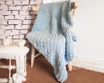 Baby Blue Chenille Toddler Blanket | Soft Knitted Blanket for Boys, Kids Bed, Stroller, Sofa, Nursery or Gift for Toddlers