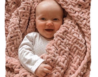 Dusky Pink Chenille Toddler Blanket | Soft Knitted Blanket for Toddler Bed, Couch, Pram, or Gift for Toddler Girl | Handmade & Cosy