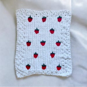 White Chenille Baby Blanket with Crochet Strawberries | Hand-Knitted