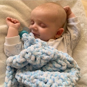 Blue Mix Snuggle Square | Blue Baby Comforter Blanket, Chenille Plush Comforter, Knitted Dummy Blanket, Soft Baby Lovey
