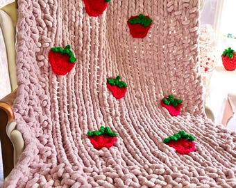 Dusky Pink Strawberry Baby Blanket | Chenille Baby Girl Gift with Crochet Appliqués, Handmade Newborn Blanket for Baby Shower or Nursery