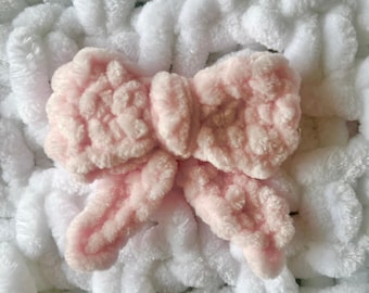 Simply White Chenille Baby Blanket with Crocheted Bow Appliqués | Handmade Soft Knitted Baby Blanket, Newborn Gift