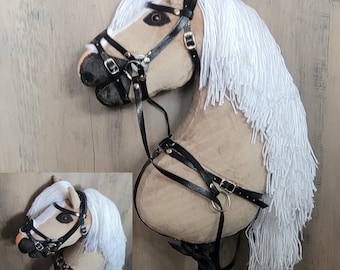 Cavallo a dondolo marrone con briglia + pettorale GRATUITO!, cavallo a dondolo fatto a mano, cavallo su bastone, cavallo a dondolo con bocca aperta, formato A3 (più grande)