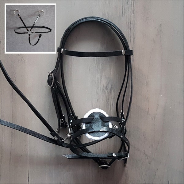 Hobby horse bridle set, BRIDLE + BREASTPLATE, black leather, hobby horse accessories, BLACK browband, size M, fully adjustable