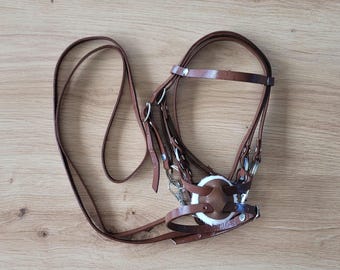 Freio para cavalo de pau, freio mexicano, couro marrom claro, acessórios para cavalo de pau, equipamento para cavalo de pau, tamanho G - GG (A3 e maiores)