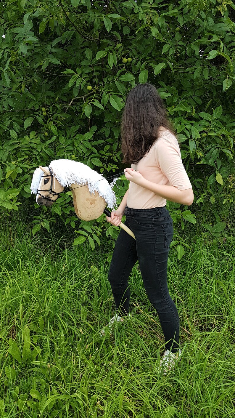 May include: A person in a pink shirt and black pants is holding a brown and white hobby horse with a white mane and tail. The person is standing in a grassy field.