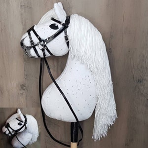 HOBBY HORSE white with bridle +!FREE breastplate!, hobbyhorse handmade, horse on a stick, hobby horse with open mouth, size A3 (bigger)