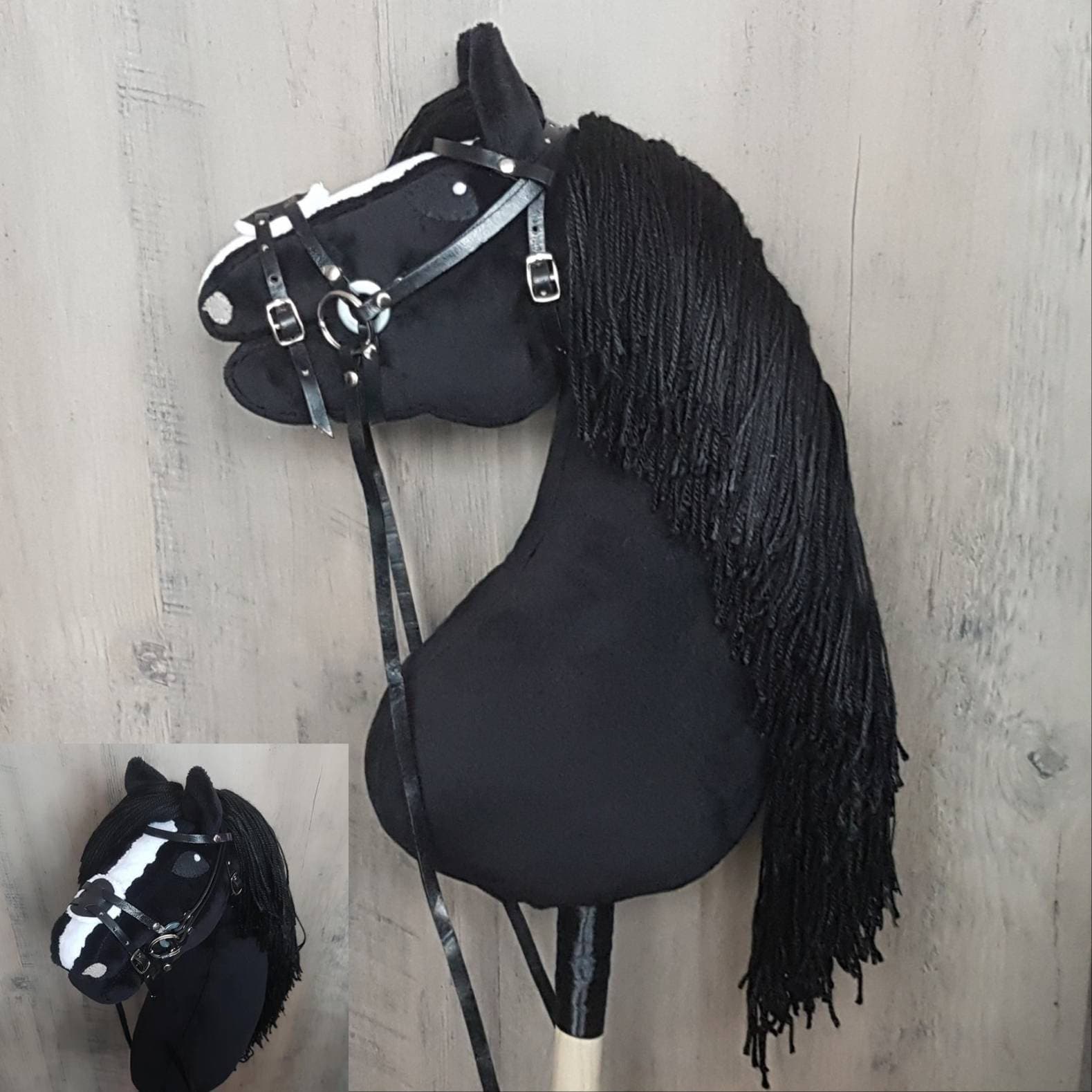 Black HOBBY HORSE With Leather Bridle and Breastplate, SIZE A3