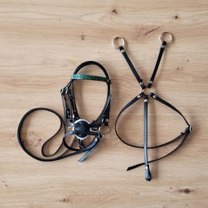 Adjustable Hobby Horse Mexican BRIDLE with Green Browband & BREASTPLATE, hobbyhorse set, fully adjustable, size UNIVERSAL (from A4 to A3)