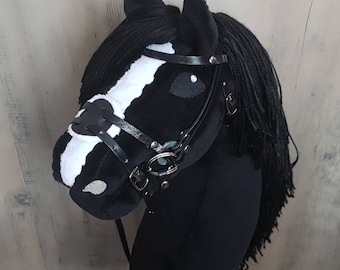 HOBBY HORSE black with bridle +!FREE breastplate!, hobbyhorse handmade, horse on a stick, hobby horse with open mouth, size A3 (bigger)