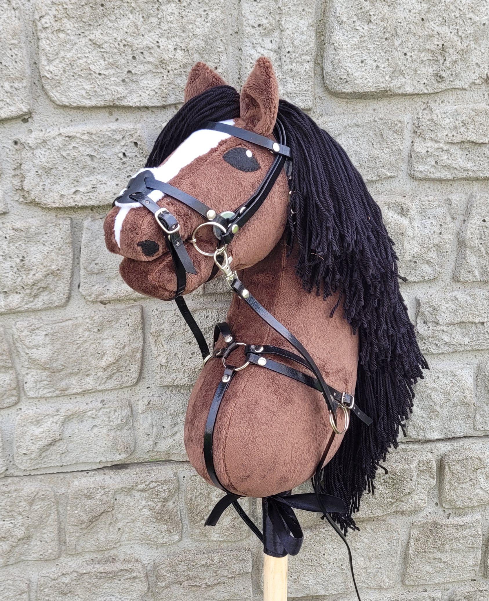 HOBBY HORSE brown with mexican bridle +!FREE breastplate!, hobbyhorse handmade, horse on a stick with open mouth, size A3 (bigger)