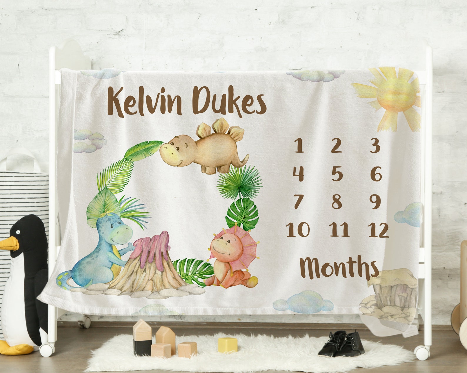 Dinosaur Monthly Growth Baby Blanket Milestone BlanketBaby Etsy