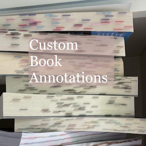 May include: A stack of books with numerous colorful adhesive page markers protruding from the edges. The text Custom Book Annotations is overlaid in white on the center of the stack. The books have varying page colors and marker densities.