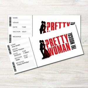 Bilhete de presente musical de mulher bonita, bilhete de presente musical personalizado, bilhete de presente musical para impressão, bilhete musical da Broadway, West End