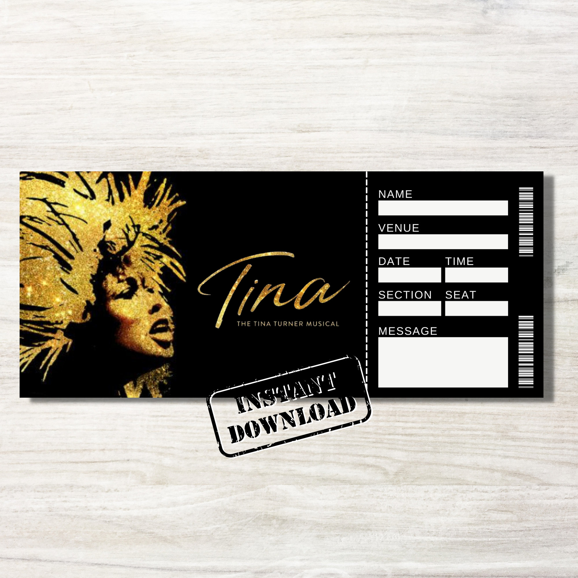 Tina Turner Musical Gift Ticket, Personalised Musical Gift Ticket