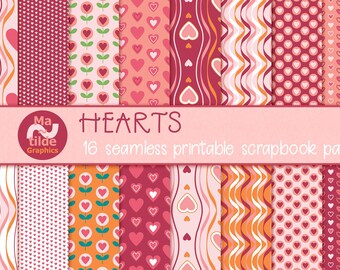 Hearts, 16 seamless printable heart-patterned papers for scrapbooking, cards, backgrounds, journaling, bookbinding, giftwrapping
