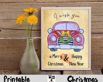 Christmas car Printable , Merry christmas , Happy new year, US letter size, digital download, Christmas card, Christmas print, Xmas