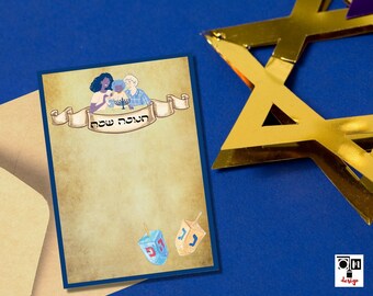 Happy Hanukkah card, Gyroscopes, Jewish holiday cards, Printable, Greeting cards for Jews, Digital card, digital download