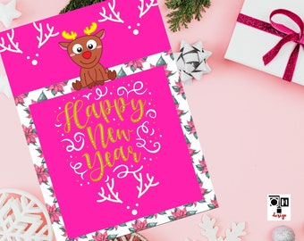 Cute deer Card, Happy new year, Printable, Pink card, Christmas Greeting Card, Digital card, Merry christmas, digital download