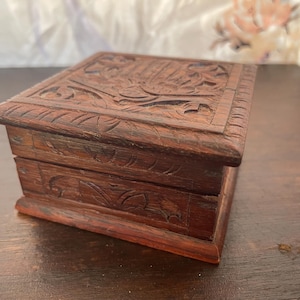 Vintage Hand-Carved Wooden Trinket Box – Ornate Floral Carving | Boho Rustic Storage Box, Jewelry Box, Keepsake Chest