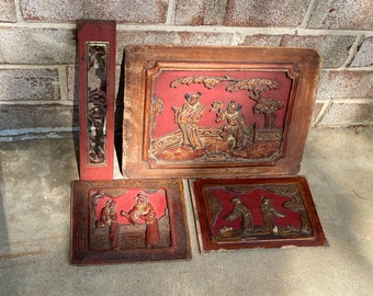 Set of Carved Chinese Door Panels - Pair Antique Asian Wood Panels