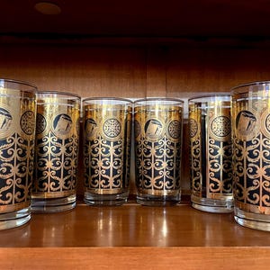 Vintage Libbey “Rock of Gibraltar” Glasses – Set of 6 Mid-Century Highball Tumblers with Gold & Black Baroque Design