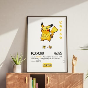 Puede incluir: Una impresión enmarcada de un Pikachu pixelado, un Pokémon de tipo eléctrico amarillo, con la palabra japonesa para Pikachu escrita en katakana arriba. La impresión incluye el nombre, el número y la descripción del Pokémon.