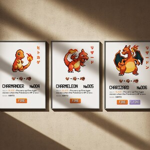 May include: Three framed prints featuring pixel art of Pokémon characters Charmander, Charmeleon, and Charizard. Each print includes the Pokémon's name, number, and a description of its ability. The prints have a white background and a black frame.