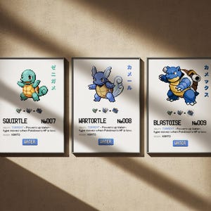 May include: Three framed prints featuring pixel art of Squirtle, Wartortle, and Blastoise, with Japanese text and the word "WATER". Each print includes the Pokémon's number and ability. The prints are displayed against a neutral background.