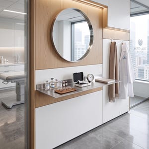 May include: A clinical office space featuring a round wall mirror, a stainless steel shelf holding medical vials, a small device in a case, a round clock, and a wooden tray with glasses. A beige scarf and a white lab coat hang on the side wall.