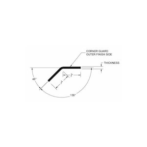 May include: Technical drawing of a corner guard with dimensions. The guard is black, with a 135-degree angle and 3.5-inch sides. The text reads "CORNER GUARD OUTER FINISH SIDE" and "THICKNESS".